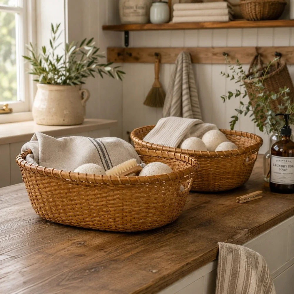 Vintage Wicker Basket Set of 2 Cottage Storage Baskets Boho Organization